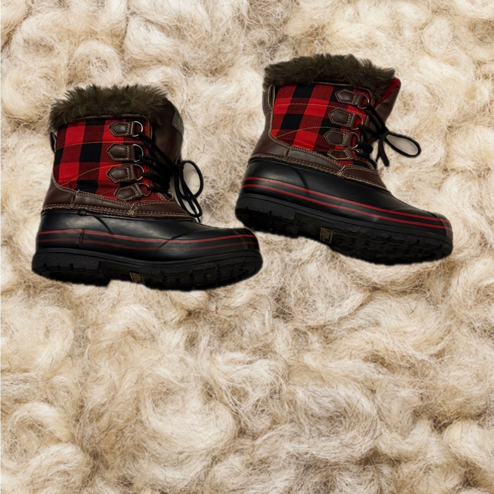 Natural Reflections Red Buffalo Plaid Faux Fur Winter Rain Boots